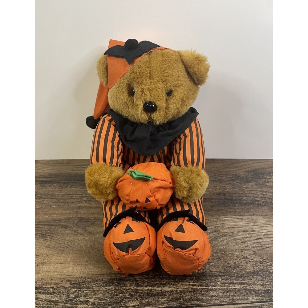 Halloween Teddy Bear In Striped Pajamas 13" Plush Holding Pumpkin Bat Hat